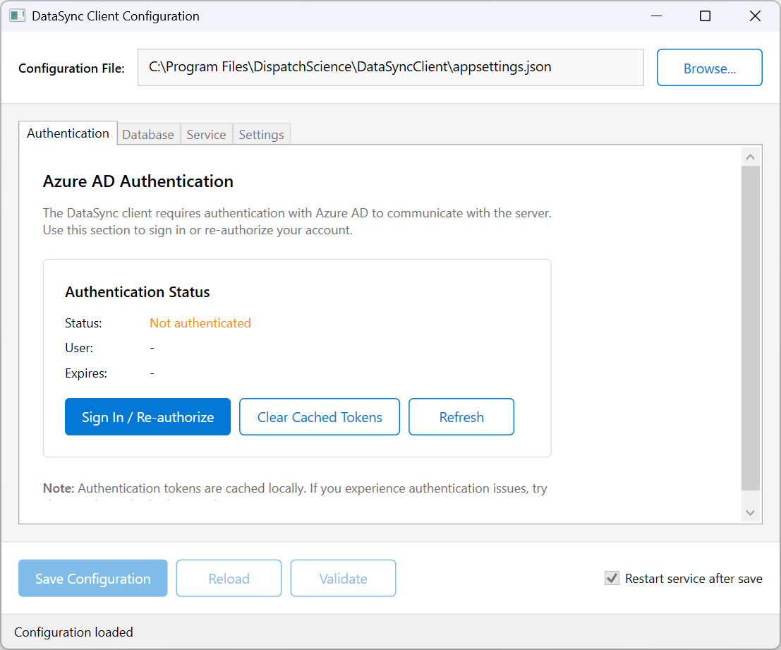 Configuration Tool Authentication Tab