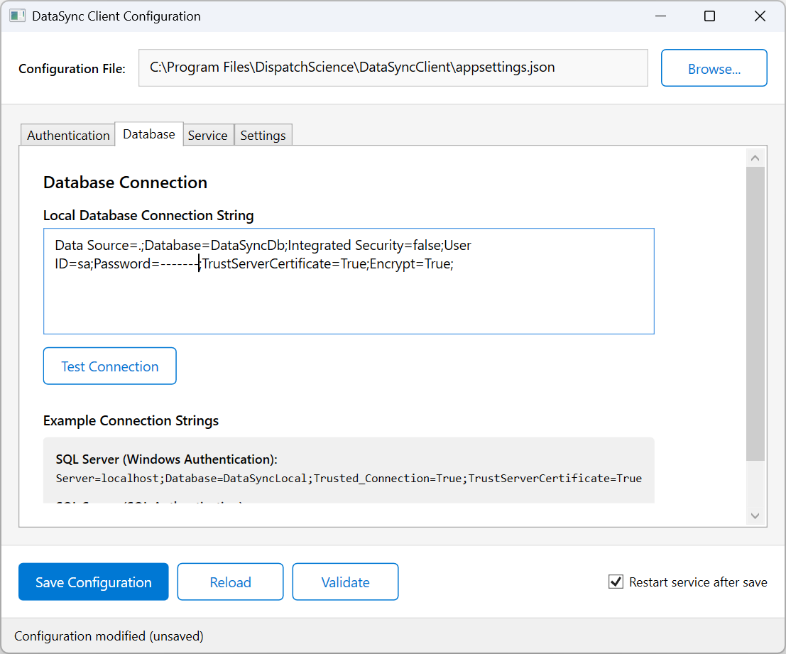 Configuration Tool Database Tab