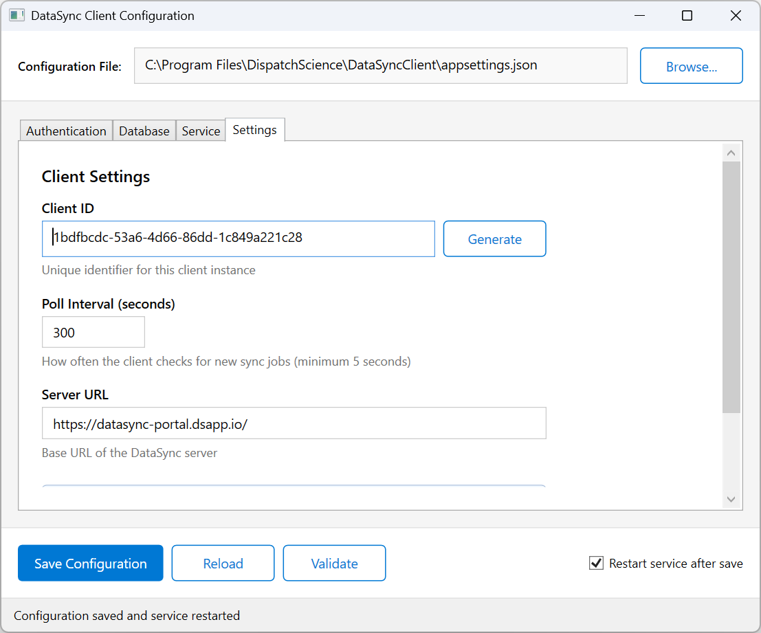 Configuration Tool Settings Tab